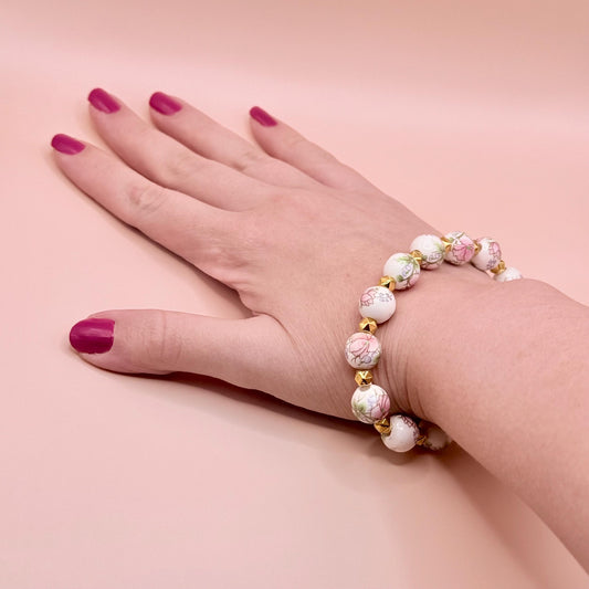 Porcelain Beaded Pink Floral Bracelet