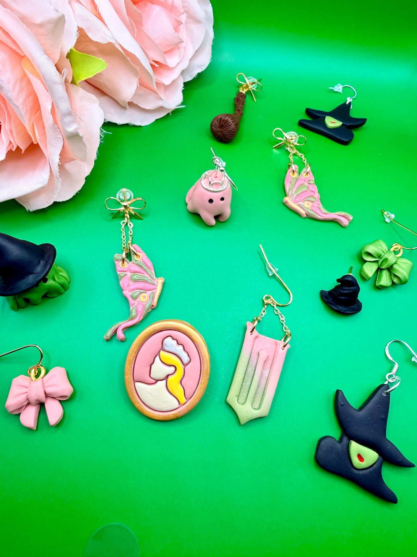 Pink and Green Butterfly Dangle Earrings, Hypoallergenic Musical Theater Jewelry