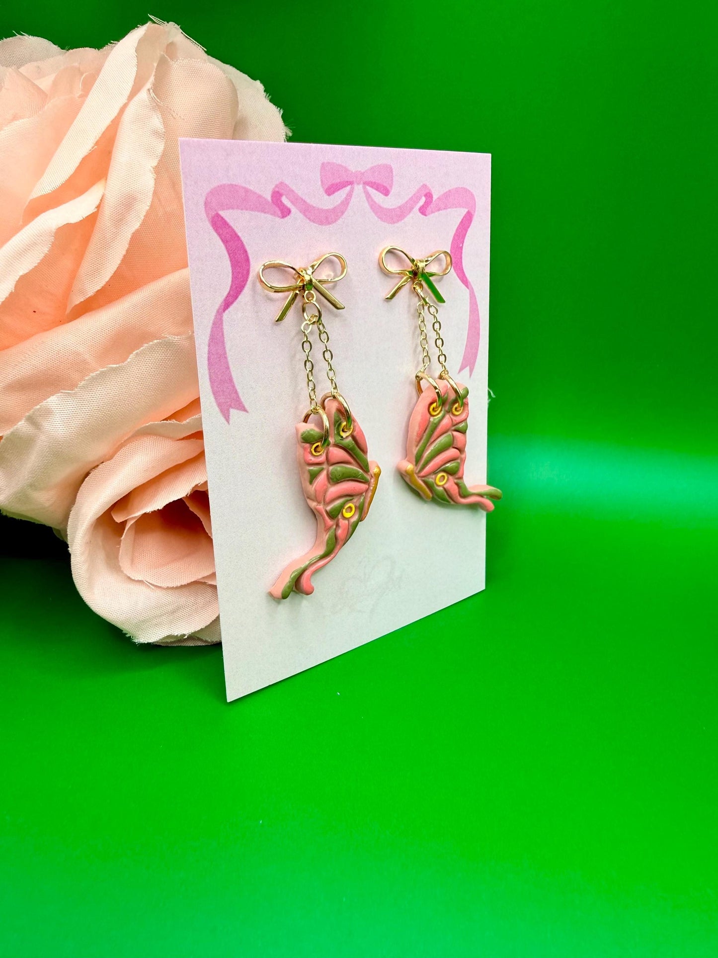 Pink and Green Butterfly Dangle Earrings, Hypoallergenic Musical Theater Jewelry
