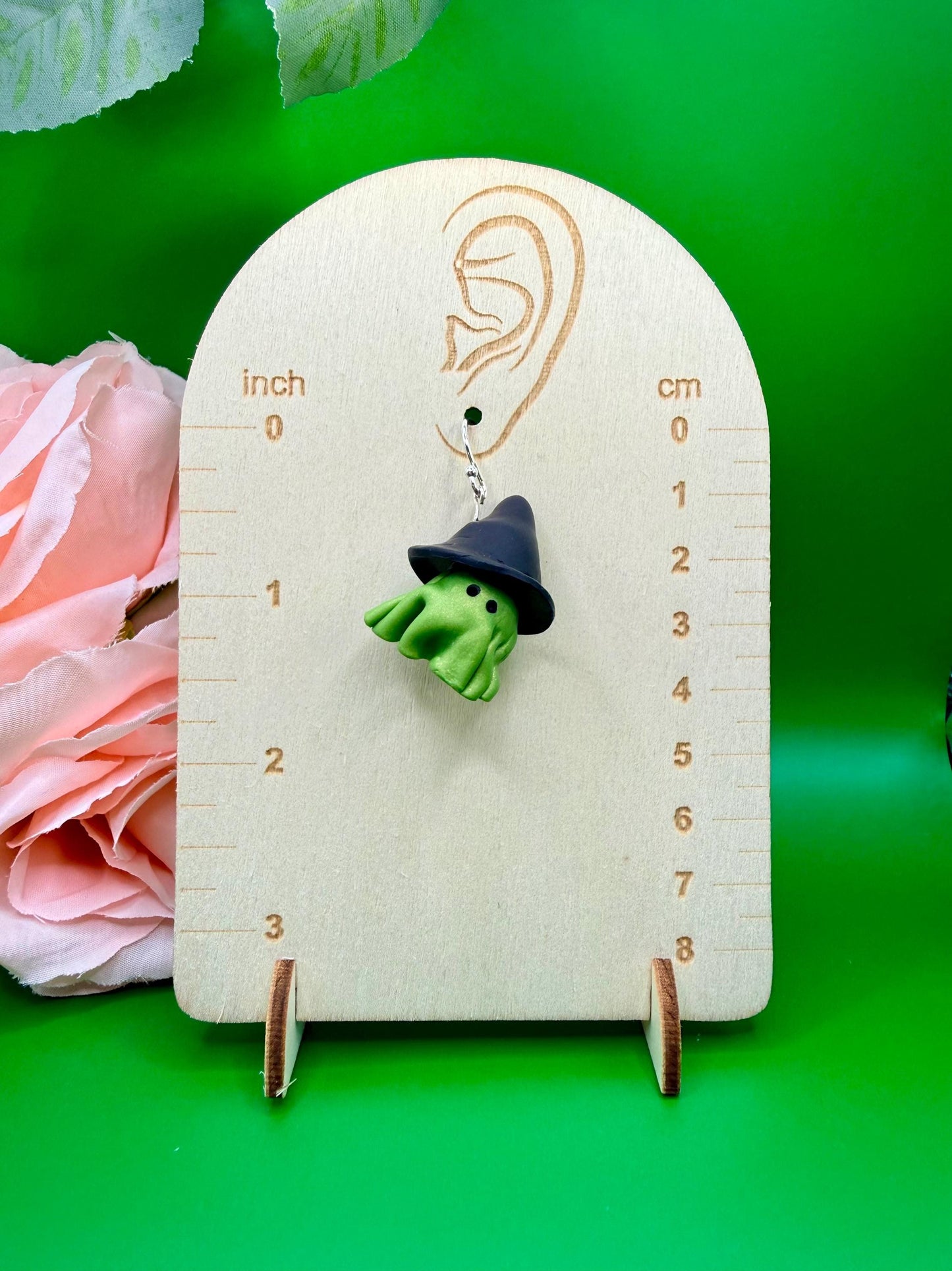 Pink and Green Ghost Dangle Earrings, Hypoallergenic, Musical Theater