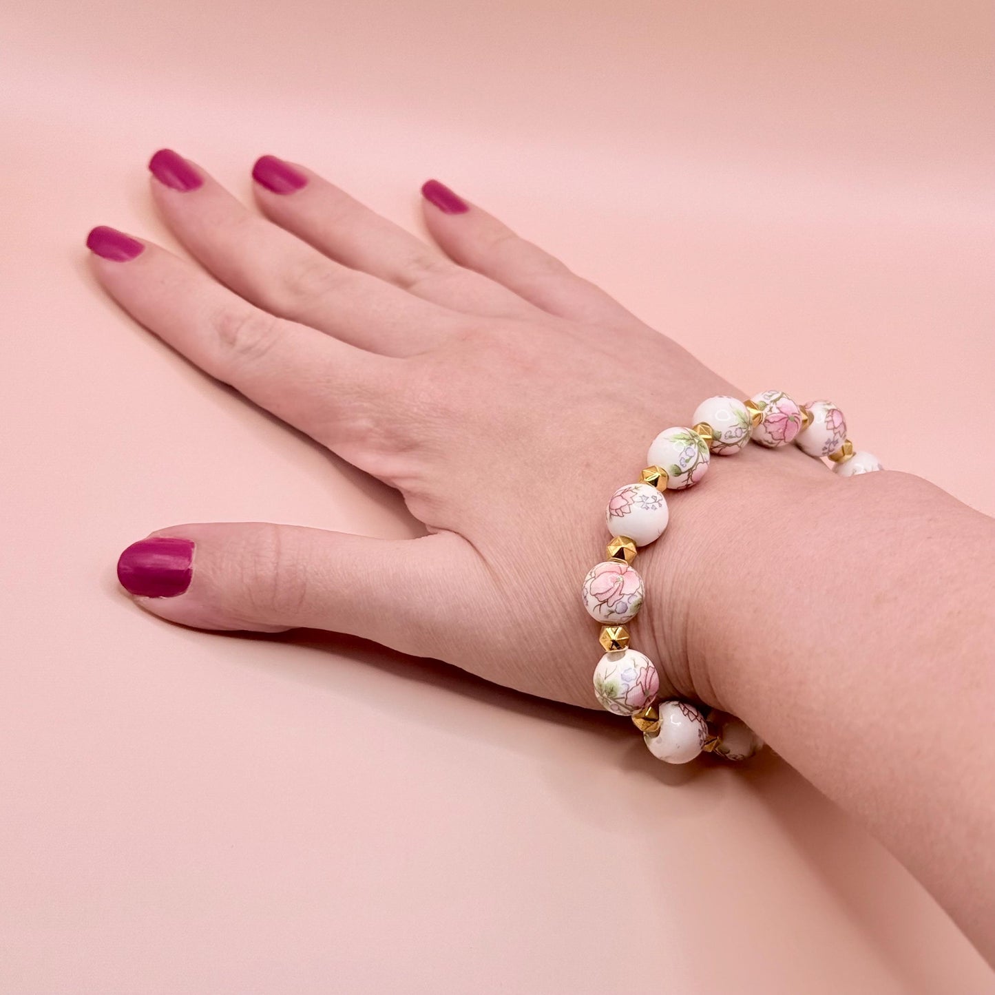 Porcelain Beaded Pink Floral Bracelet