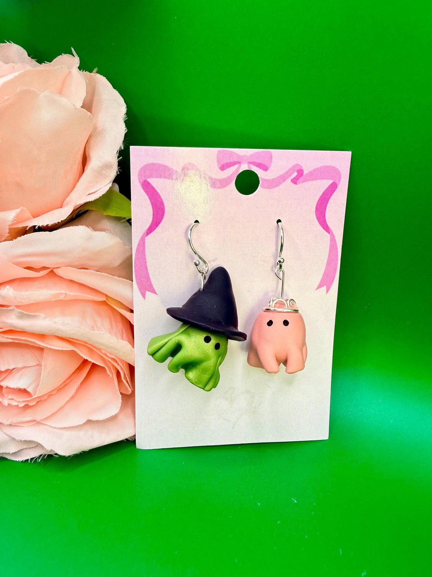 Pink and Green Ghost Dangle Earrings, Hypoallergenic, Musical Theater