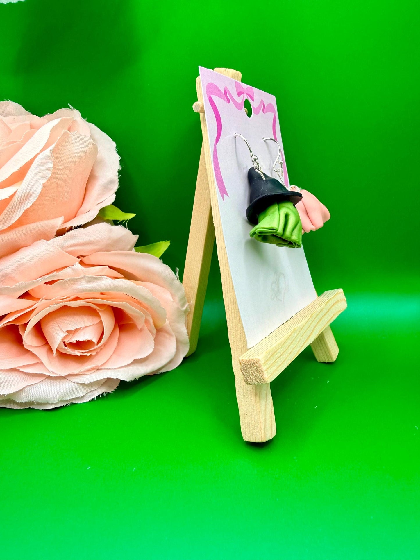 Pink and Green Ghost Dangle Earrings, Hypoallergenic, Musical Theater