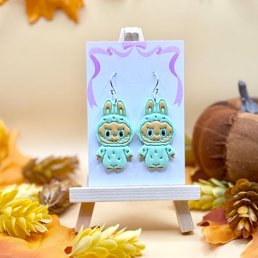 Green Creature Dangle Earrings: Hypoallergenic Brass, Polymer Clay, Toy Inspired