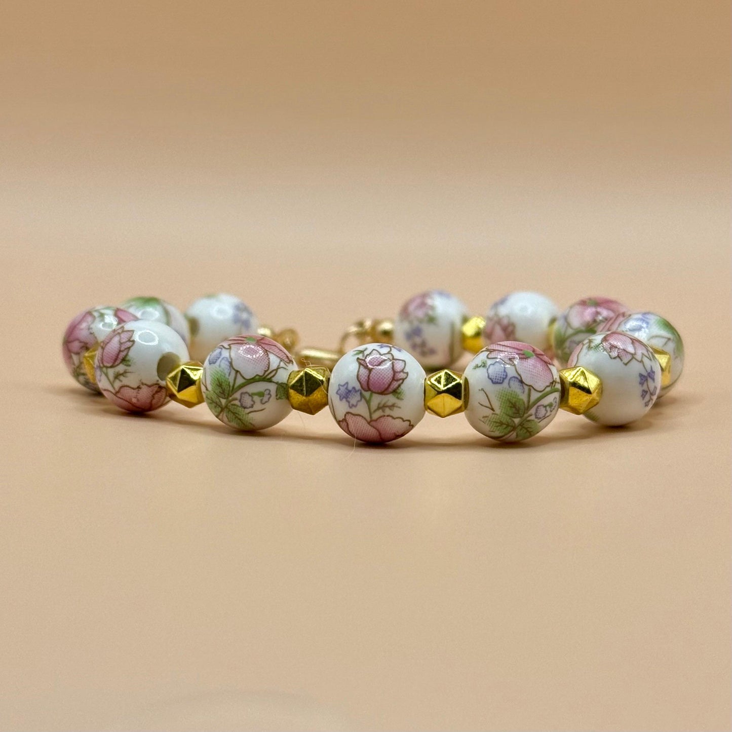 Porcelain Beaded Pink Floral Bracelet