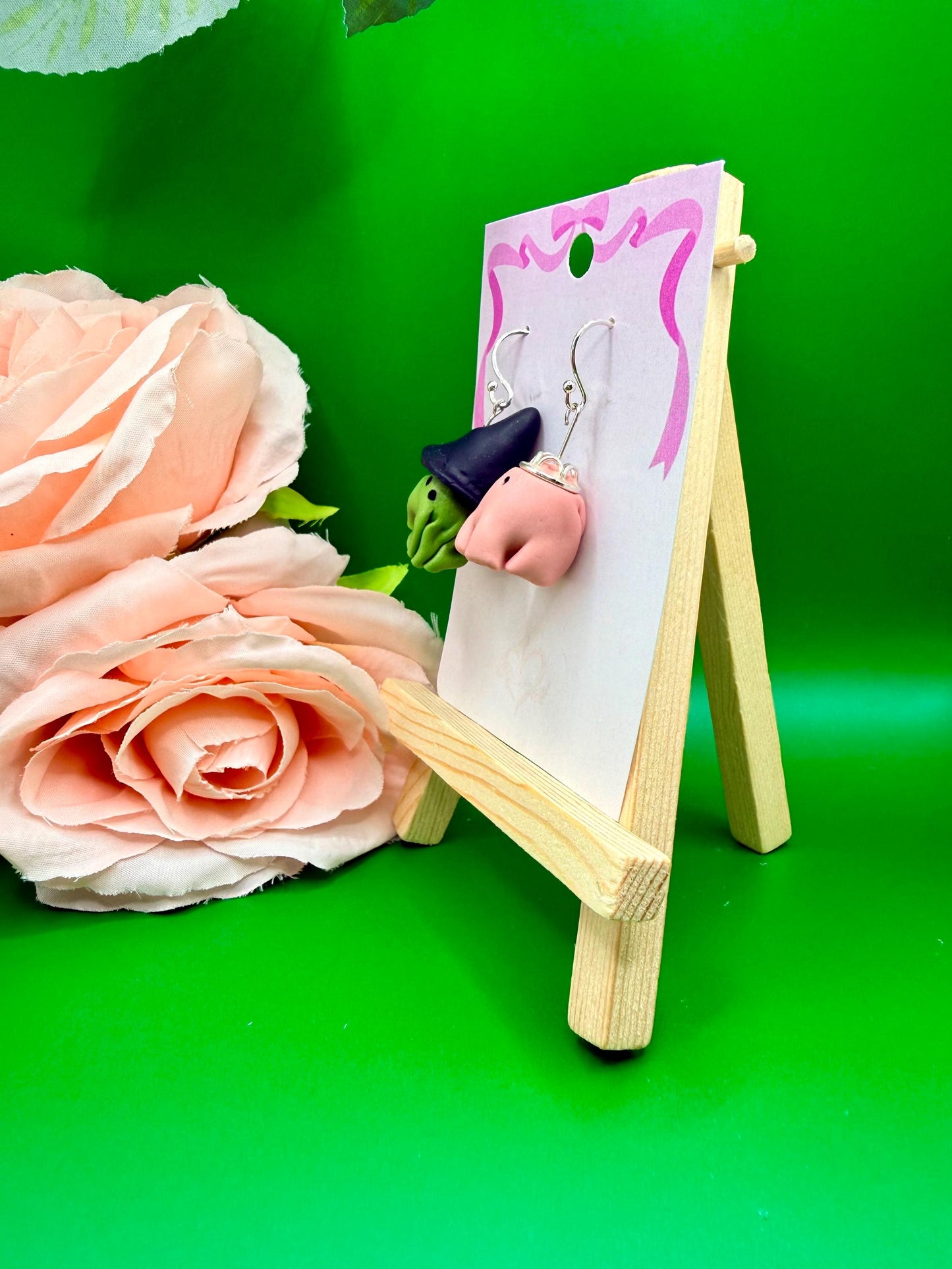 Pink and Green Ghost Dangle Earrings, Hypoallergenic, Musical Theater