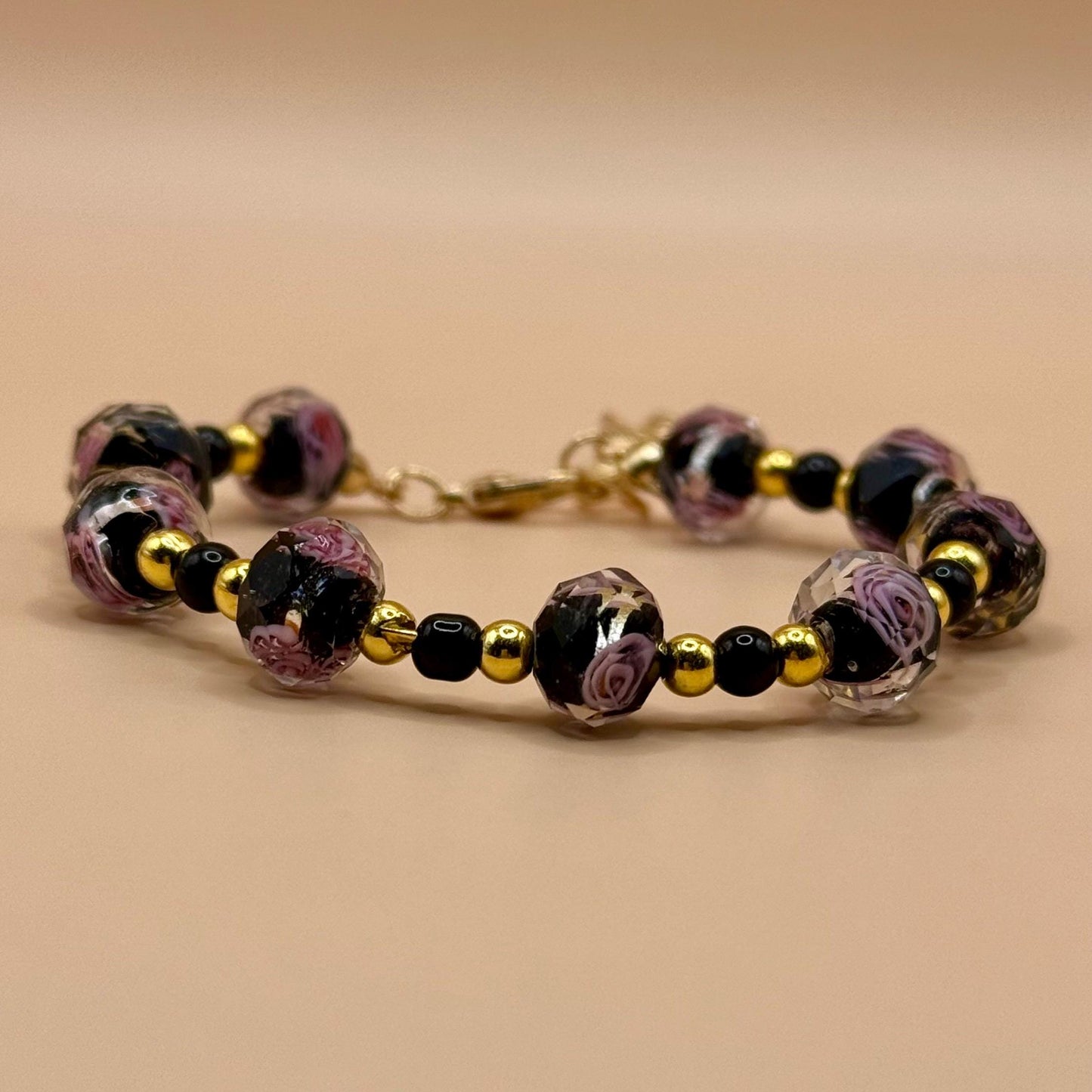 Dyed Beaded Glass Pink Floral Bracelet