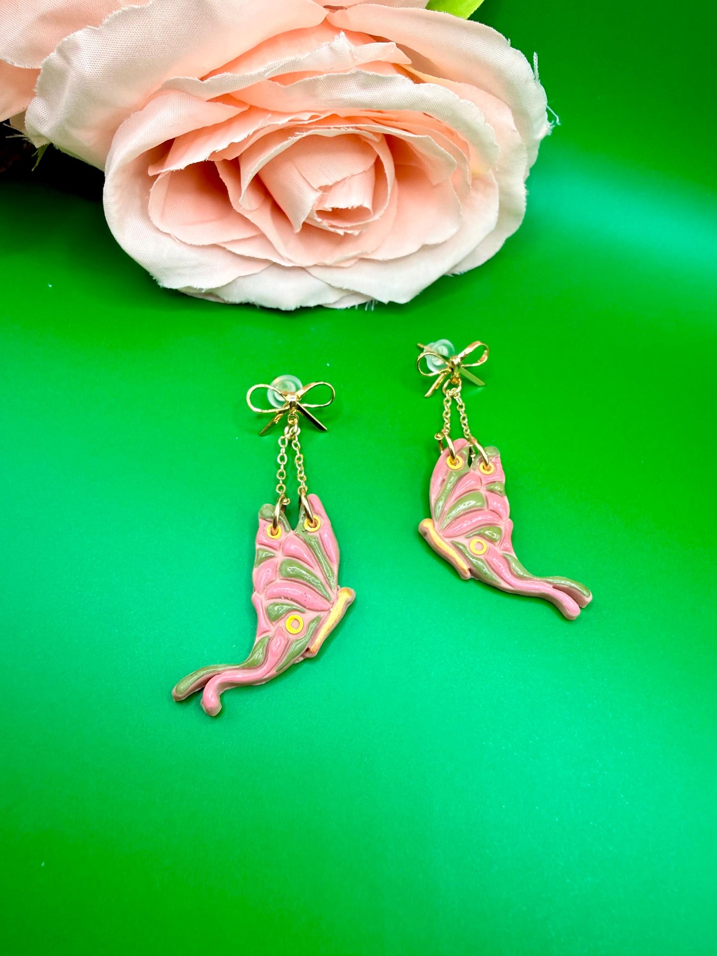 Pink and Green Butterfly Dangle Earrings, Hypoallergenic Musical Theater Jewelry