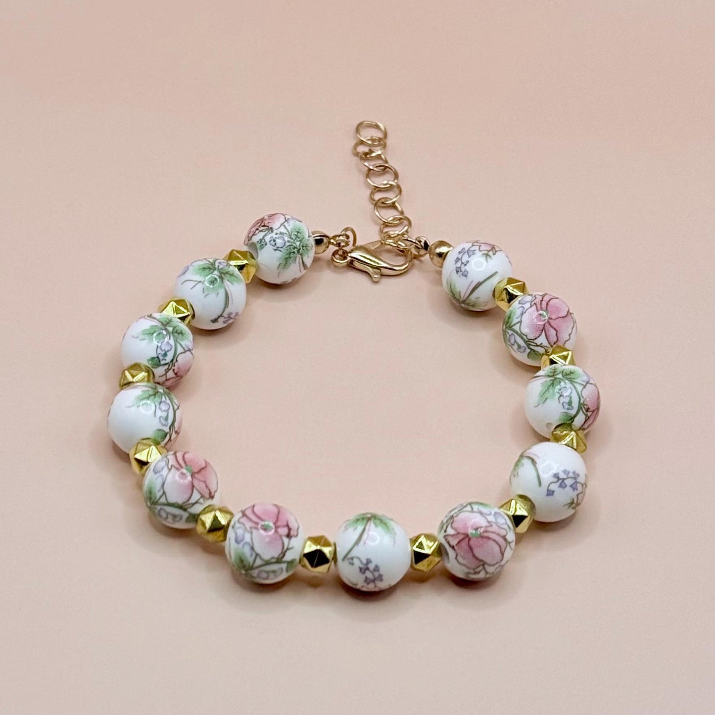 Porcelain Beaded Pink Floral Bracelet