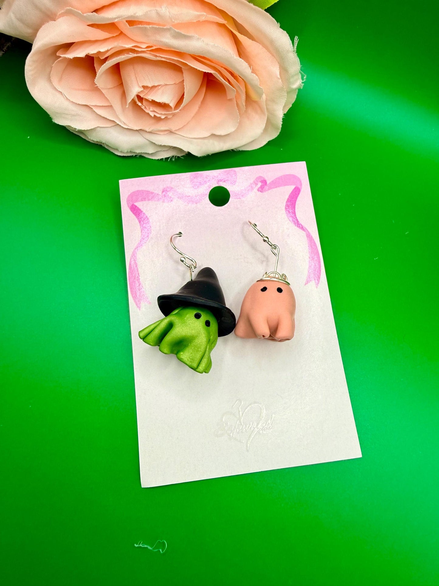 Pink and Green Ghost Dangle Earrings, Hypoallergenic, Musical Theater