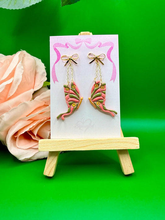 Pink and Green Butterfly Dangle Earrings, Hypoallergenic Musical Theater Jewelry
