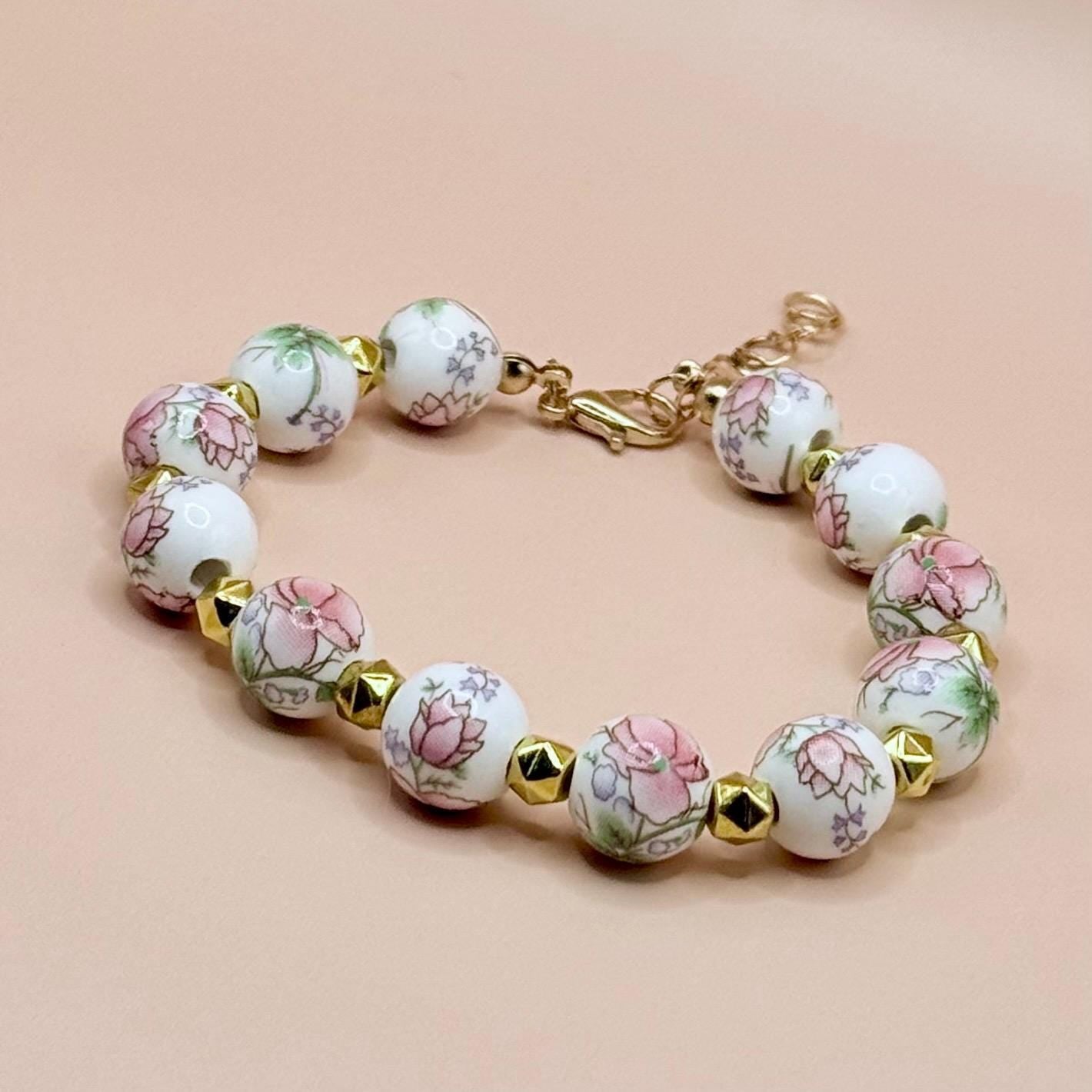 Porcelain Beaded Pink Floral Bracelet