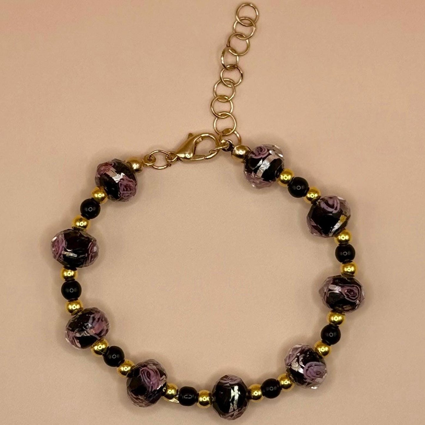 Dyed Beaded Glass Pink Floral Bracelet