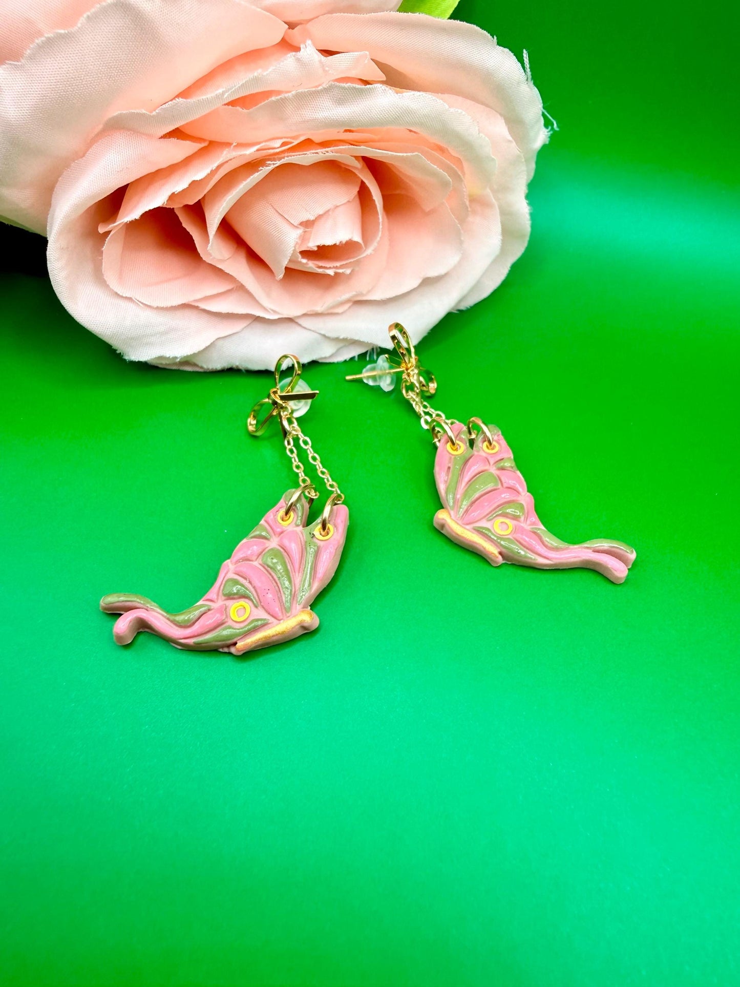 Pink and Green Butterfly Dangle Earrings, Hypoallergenic Musical Theater Jewelry