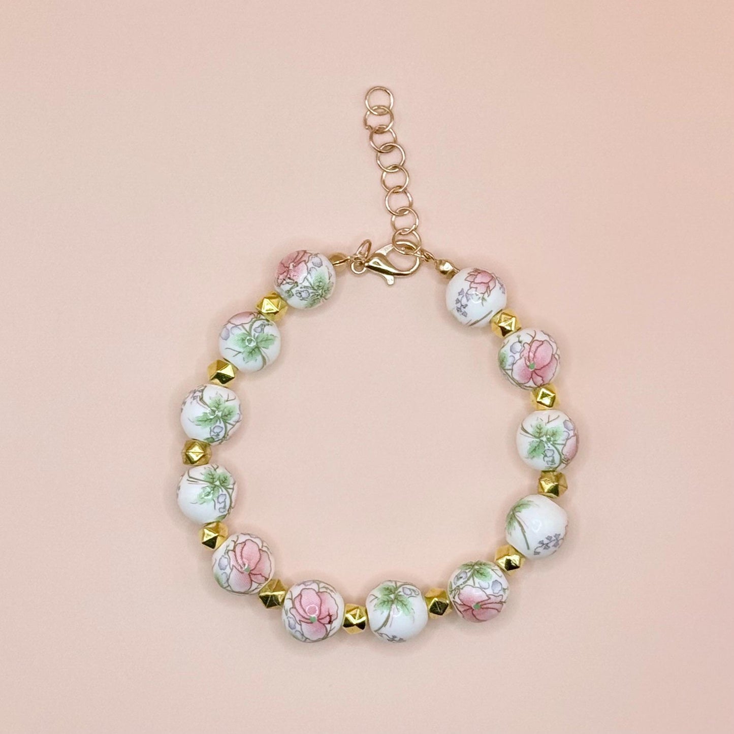 Porcelain Beaded Pink Floral Bracelet