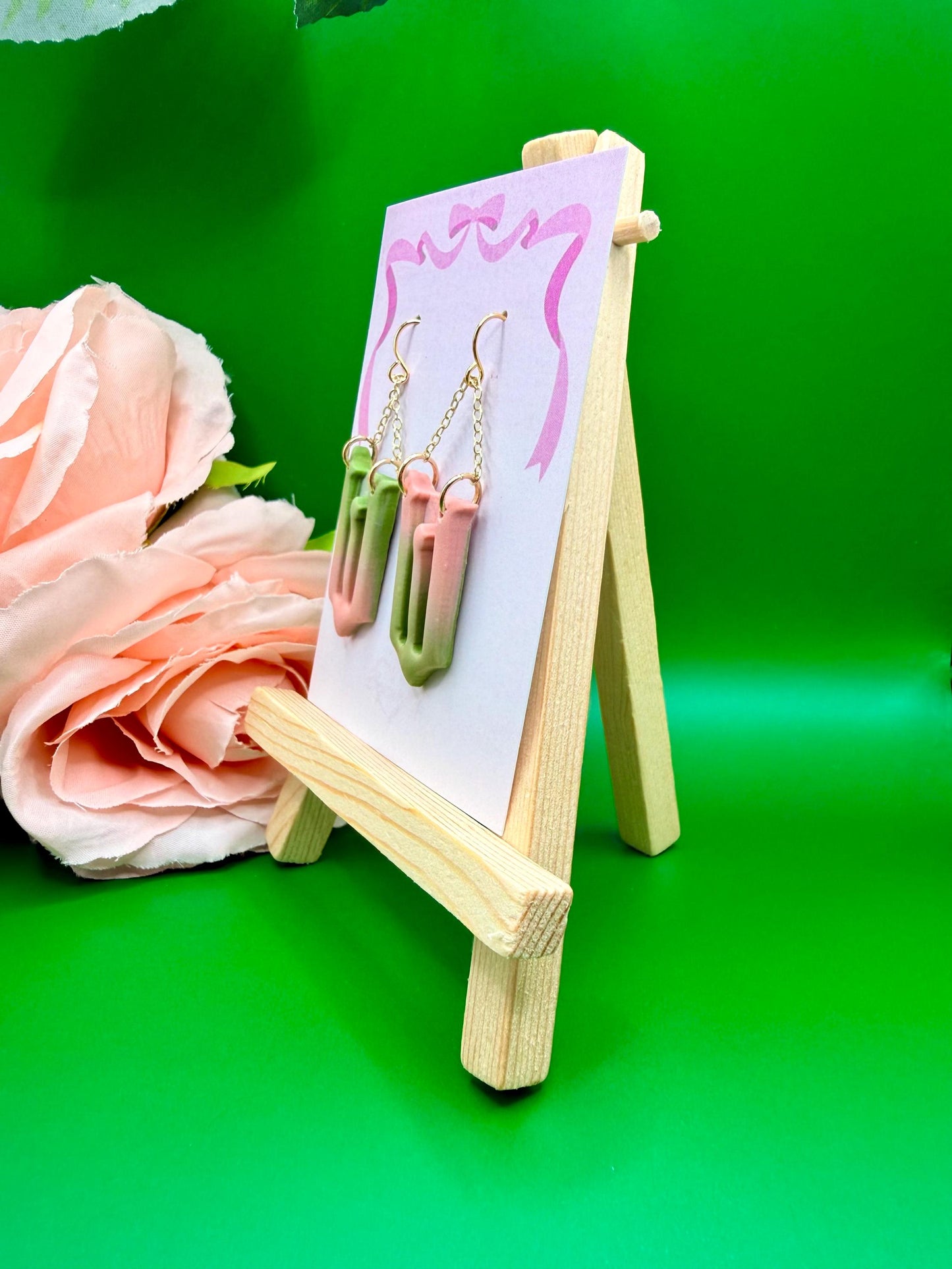 Pink and Green Mismatched W Dangle Earrings