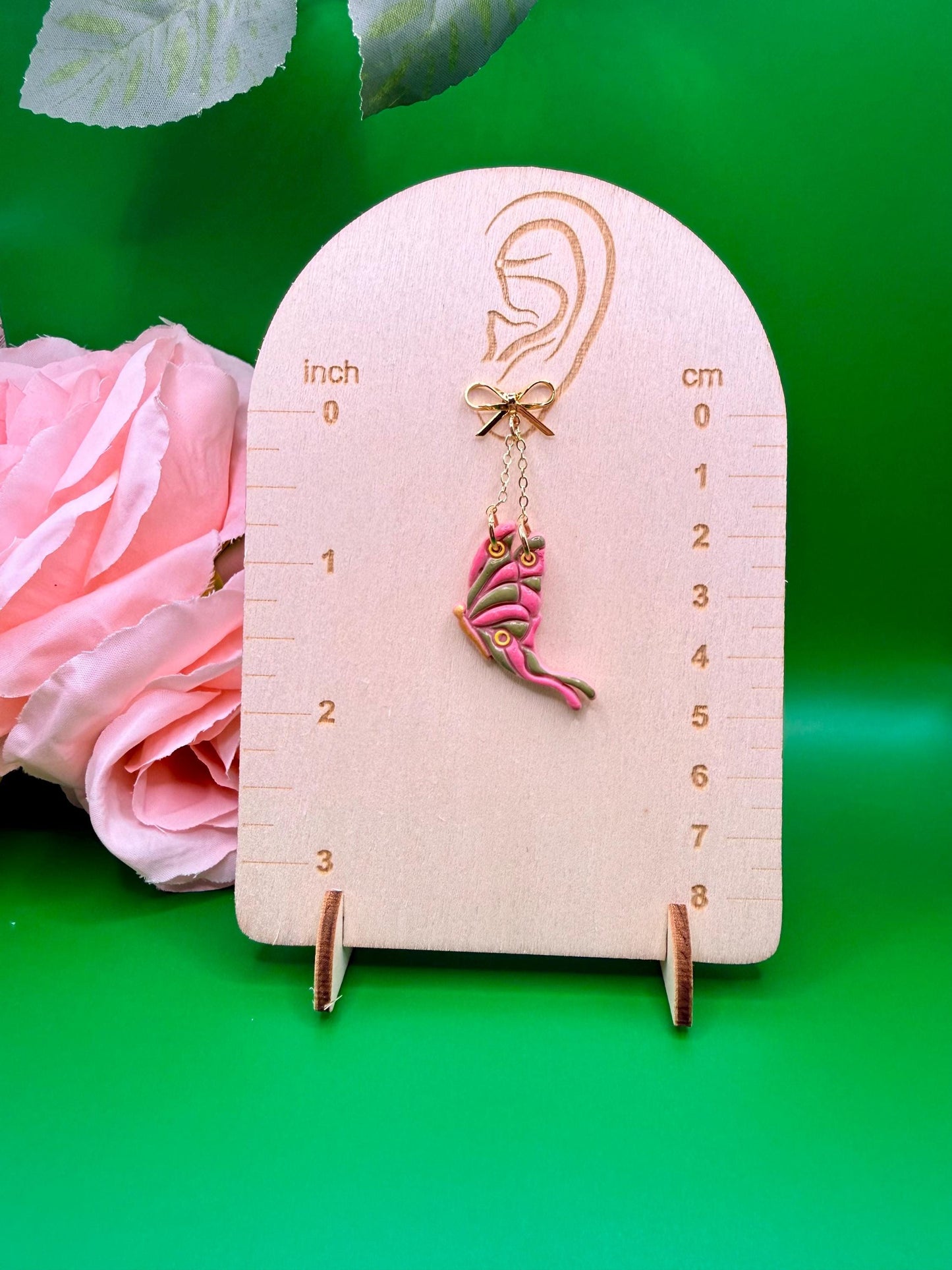 Pink and Green Butterfly Dangle Earrings, Hypoallergenic Musical Theater Jewelry