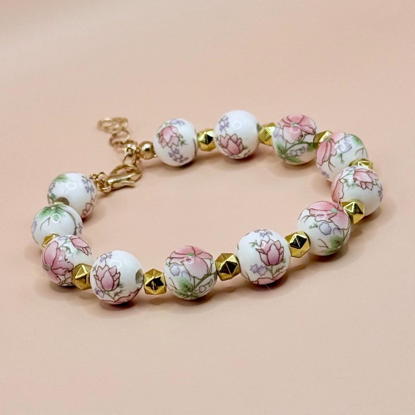Porcelain Beaded Pink Floral Bracelet
