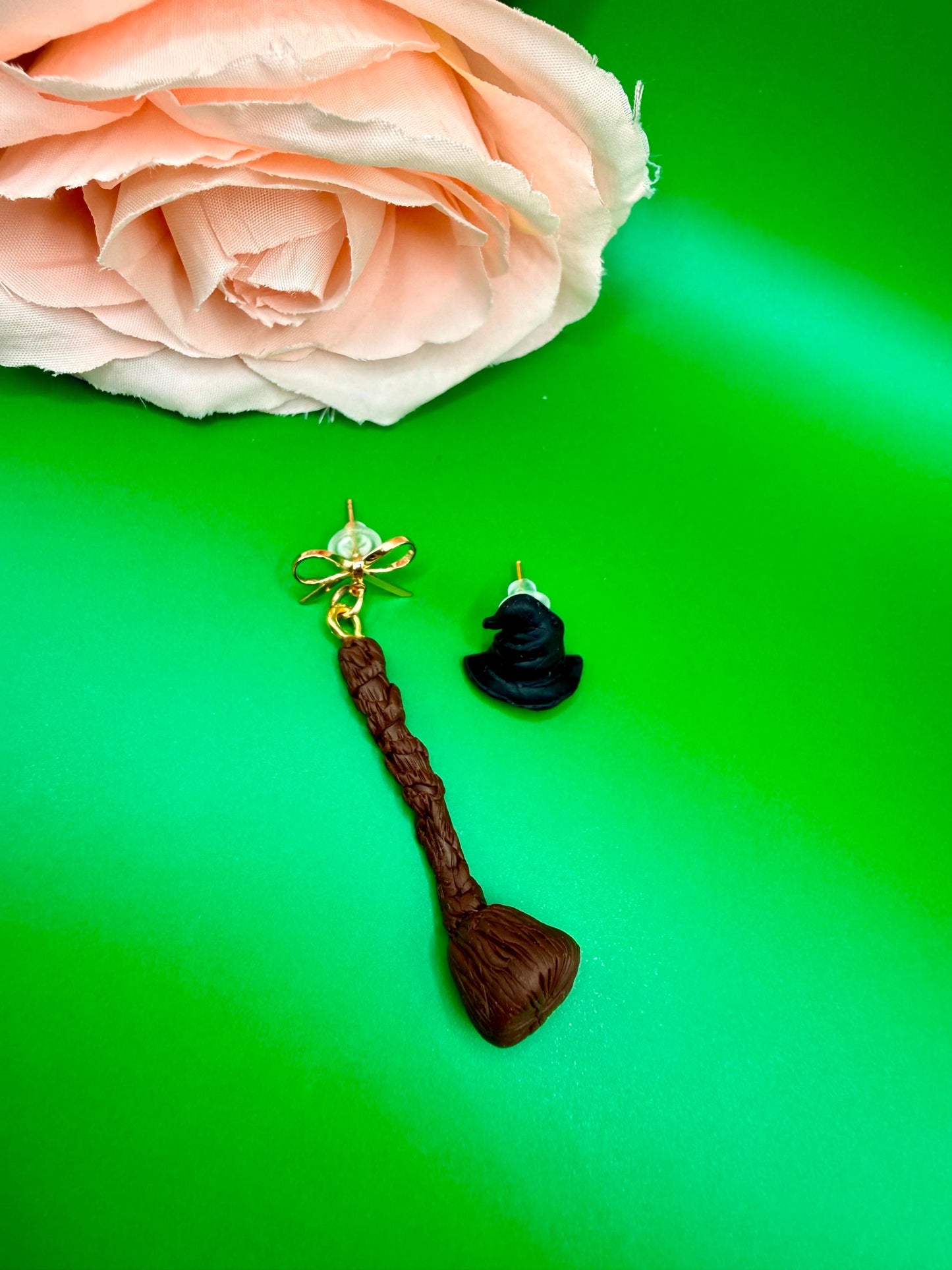 Mismatched Witch Hat and Broom Dangle Earrings