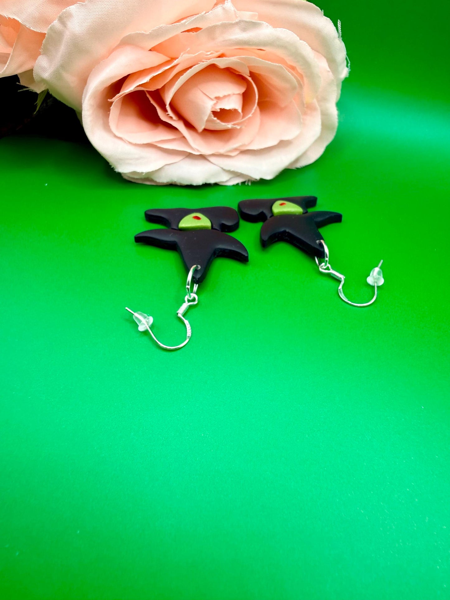 Green Witch Hat Dangle Earrings, Musical Theater, Hypoallergenic