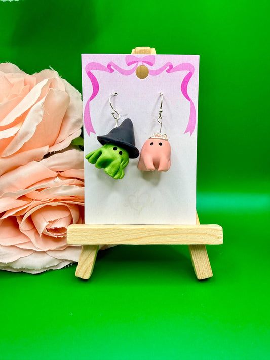 Pink and Green Ghost Dangle Earrings, Hypoallergenic, Musical Theater