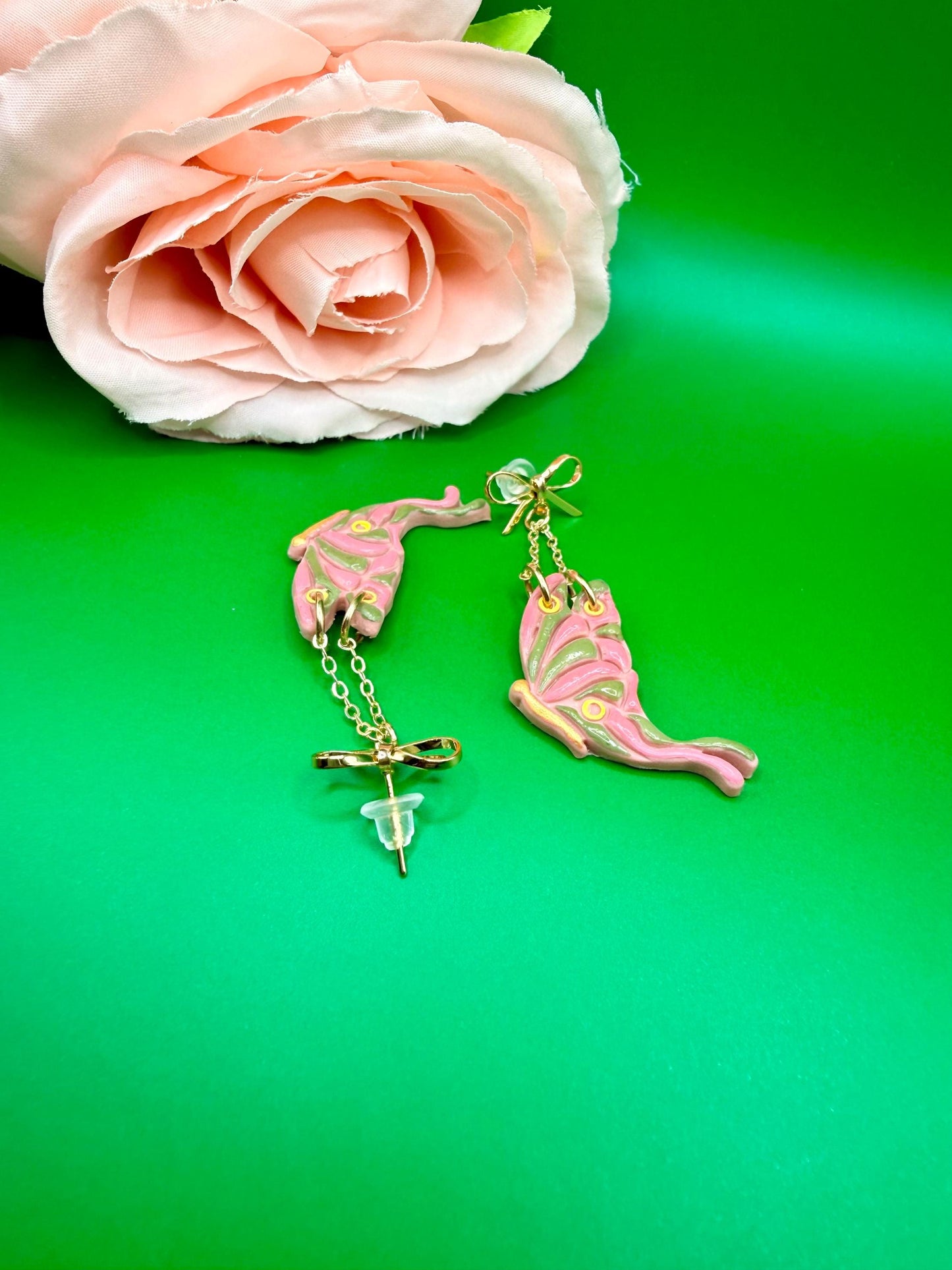 Pink and Green Butterfly Dangle Earrings, Hypoallergenic Musical Theater Jewelry
