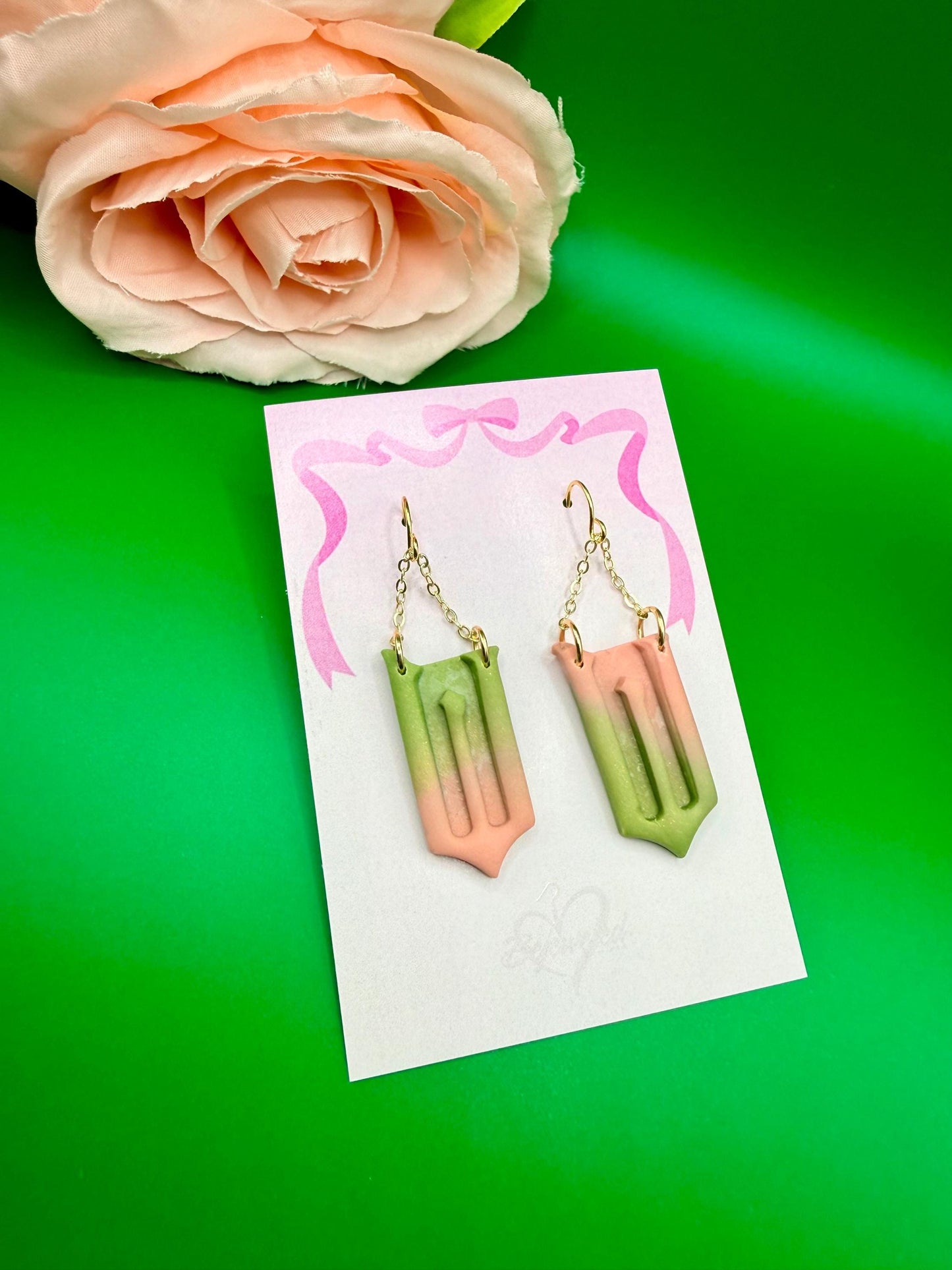Pink and Green Mismatched W Dangle Earrings