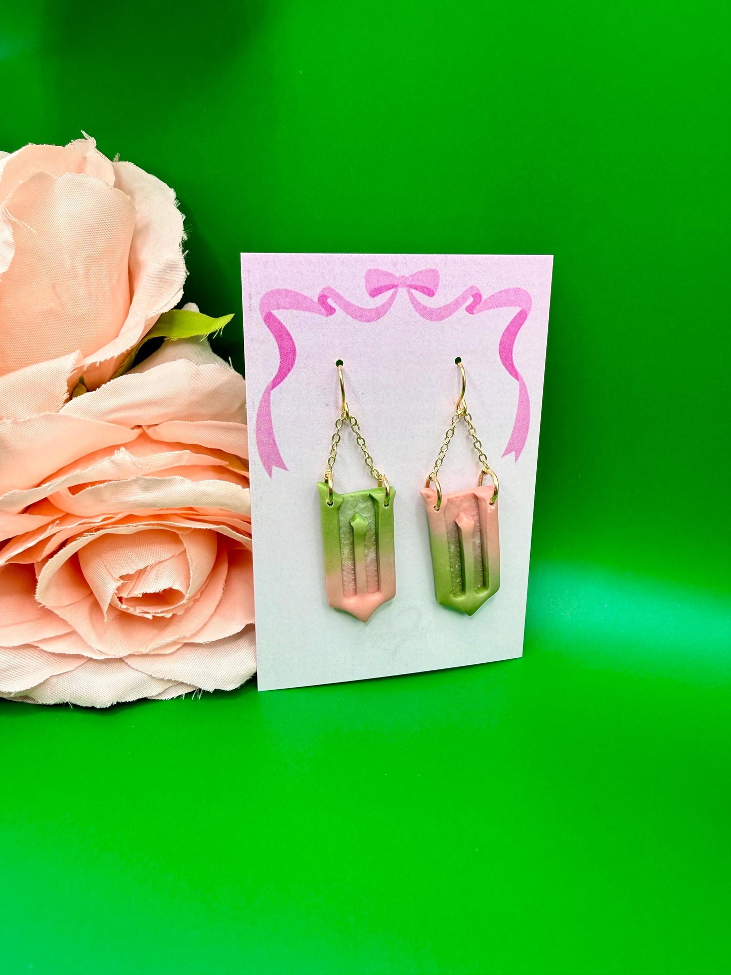 Pink and Green Mismatched W Dangle Earrings