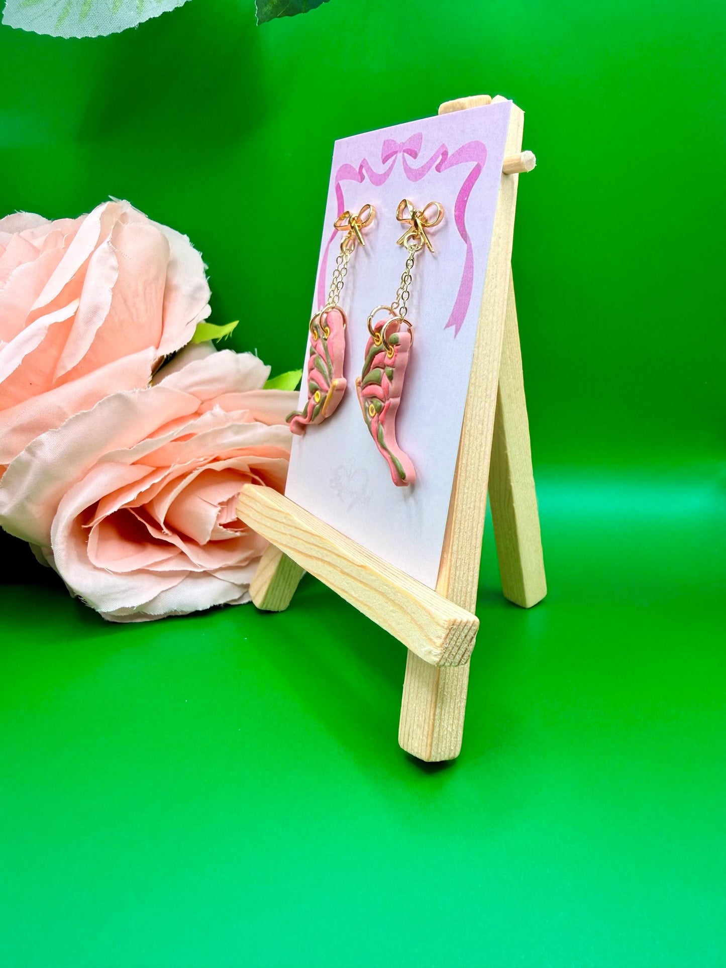 Pink and Green Butterfly Dangle Earrings, Hypoallergenic Musical Theater Jewelry