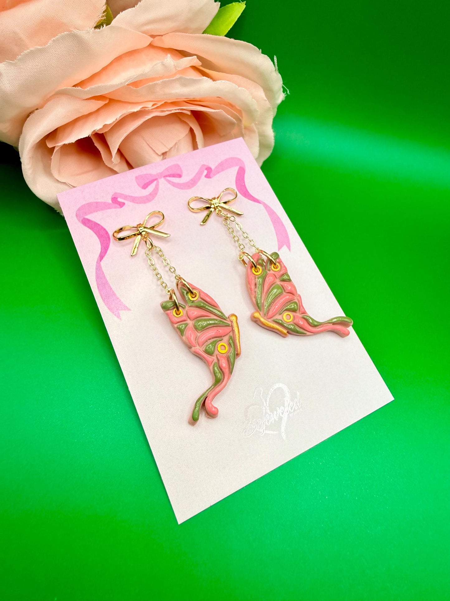 Pink and Green Butterfly Dangle Earrings, Hypoallergenic Musical Theater Jewelry