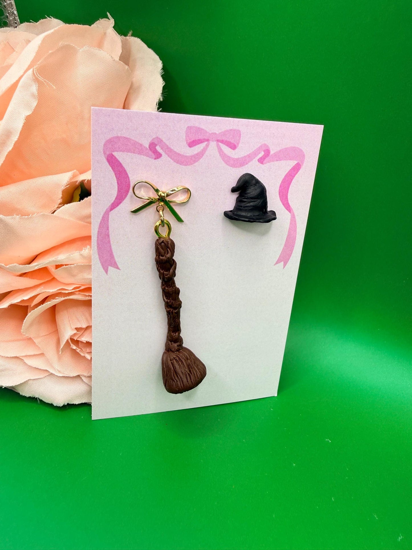 Mismatched Witch Hat and Broom Dangle Earrings