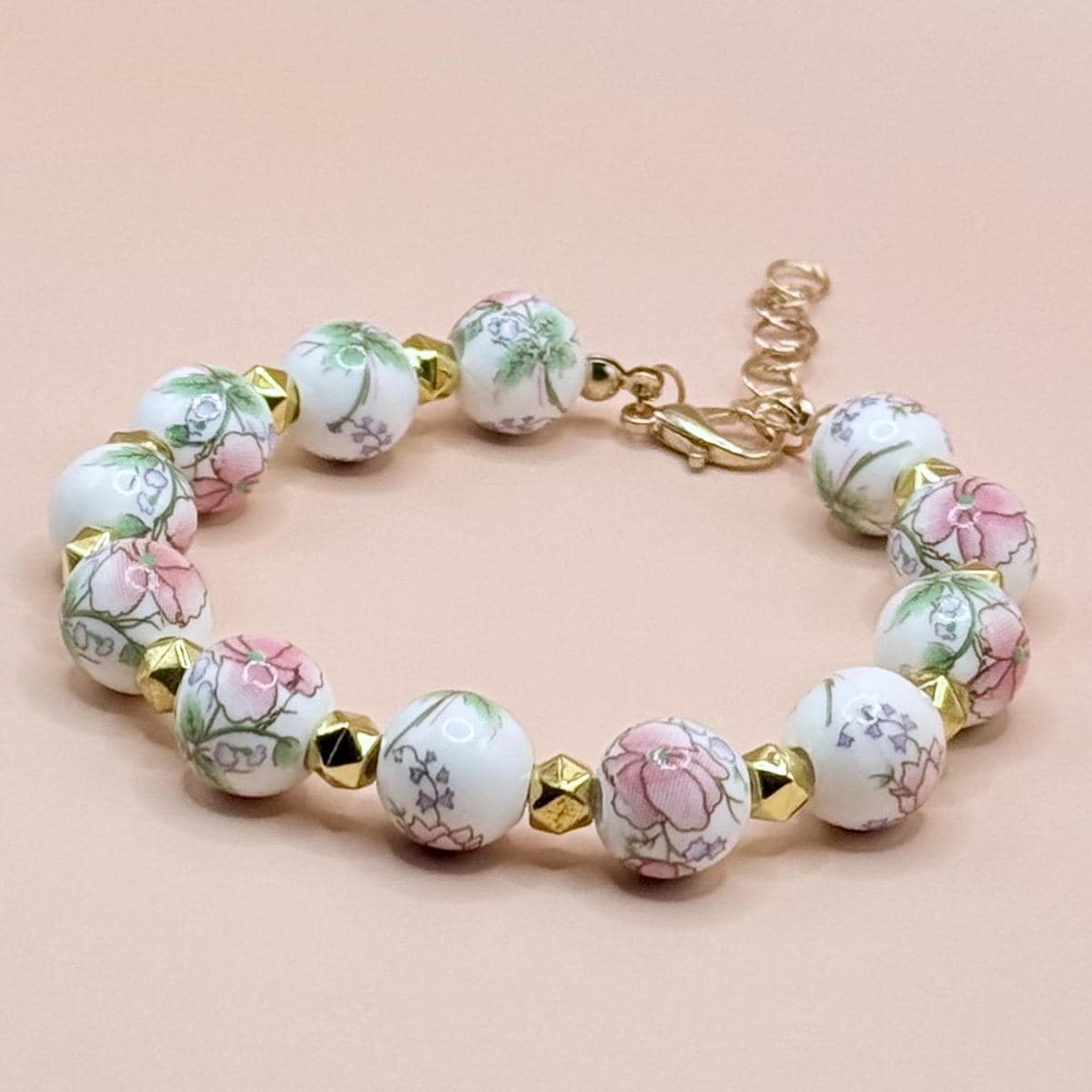 Porcelain Beaded Pink Floral Bracelet