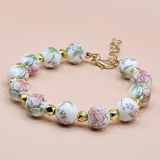 Porcelain Beaded Pink Floral Bracelet