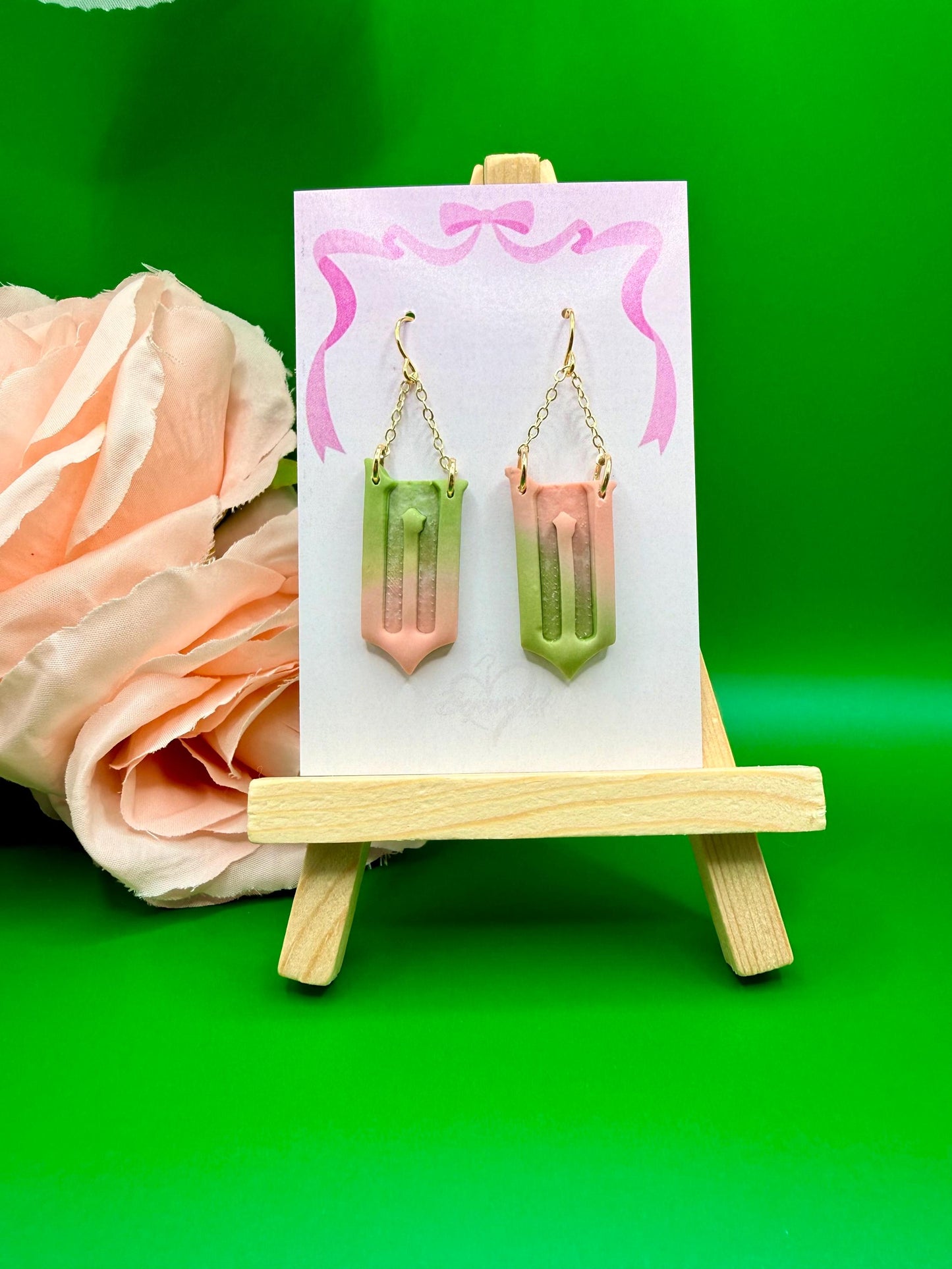Pink and Green Mismatched W Dangle Earrings
