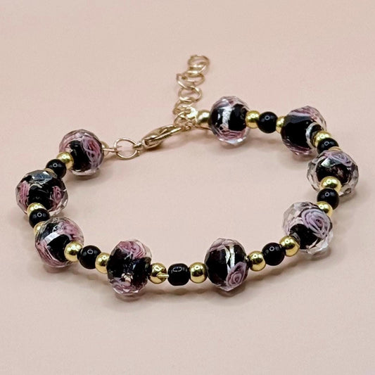 Dyed Beaded Glass Pink Floral Bracelet