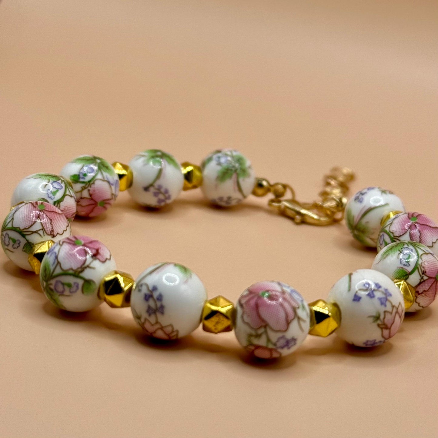 Porcelain Beaded Pink Floral Bracelet