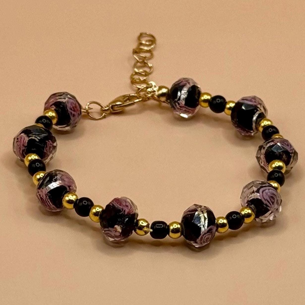 Dyed Beaded Glass Pink Floral Bracelet