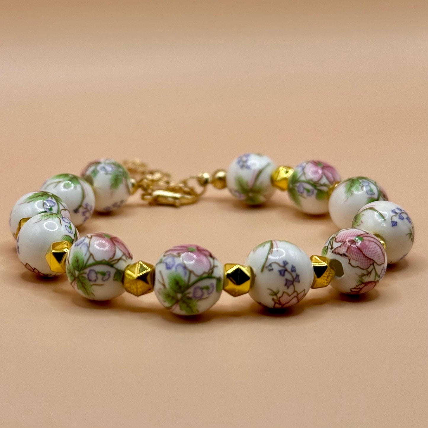 Porcelain Beaded Pink Floral Bracelet