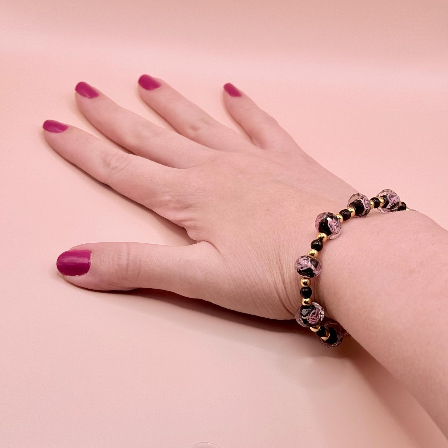 Dyed Beaded Glass Pink Floral Bracelet