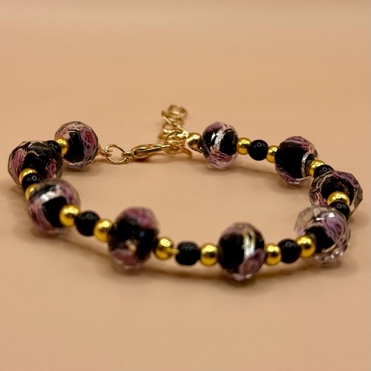 Dyed Beaded Glass Pink Floral Bracelet