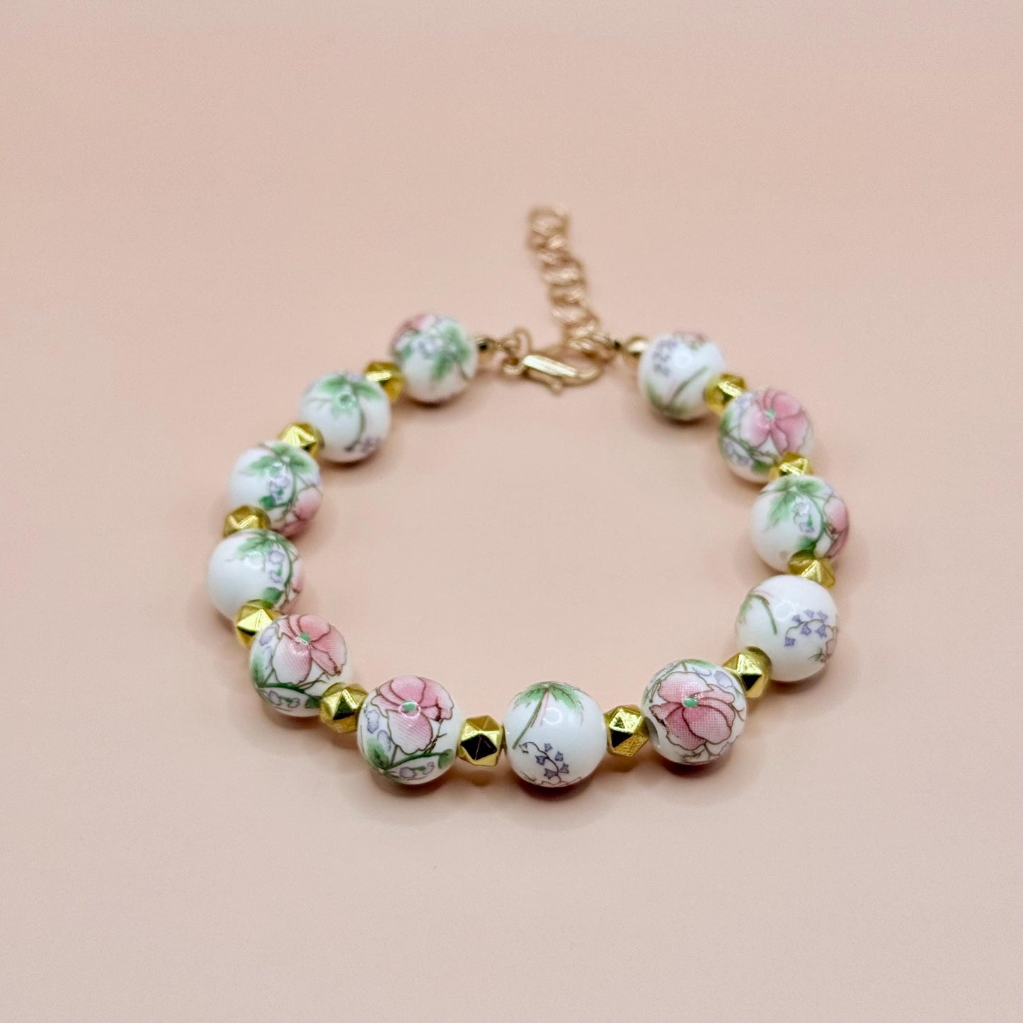 Porcelain Beaded Pink Floral Bracelet
