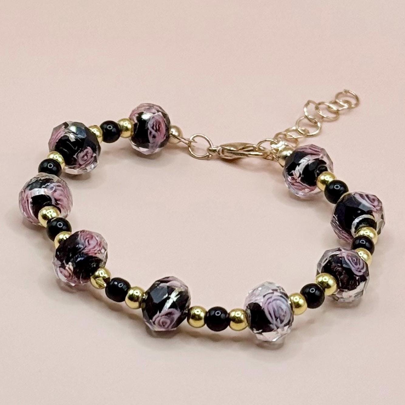 Dyed Beaded Glass Pink Floral Bracelet