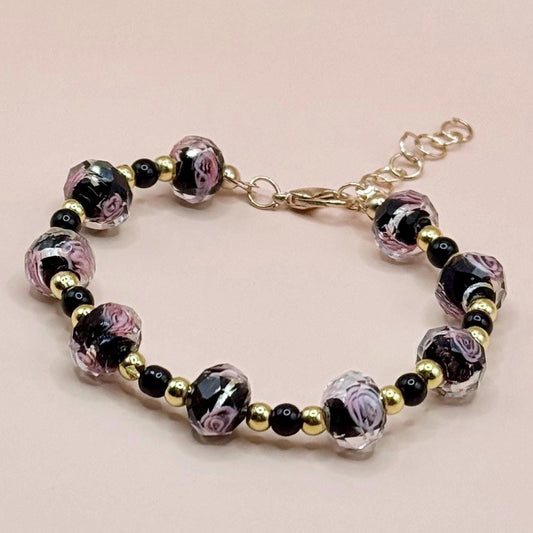 Dyed Beaded Glass Pink Floral Bracelet