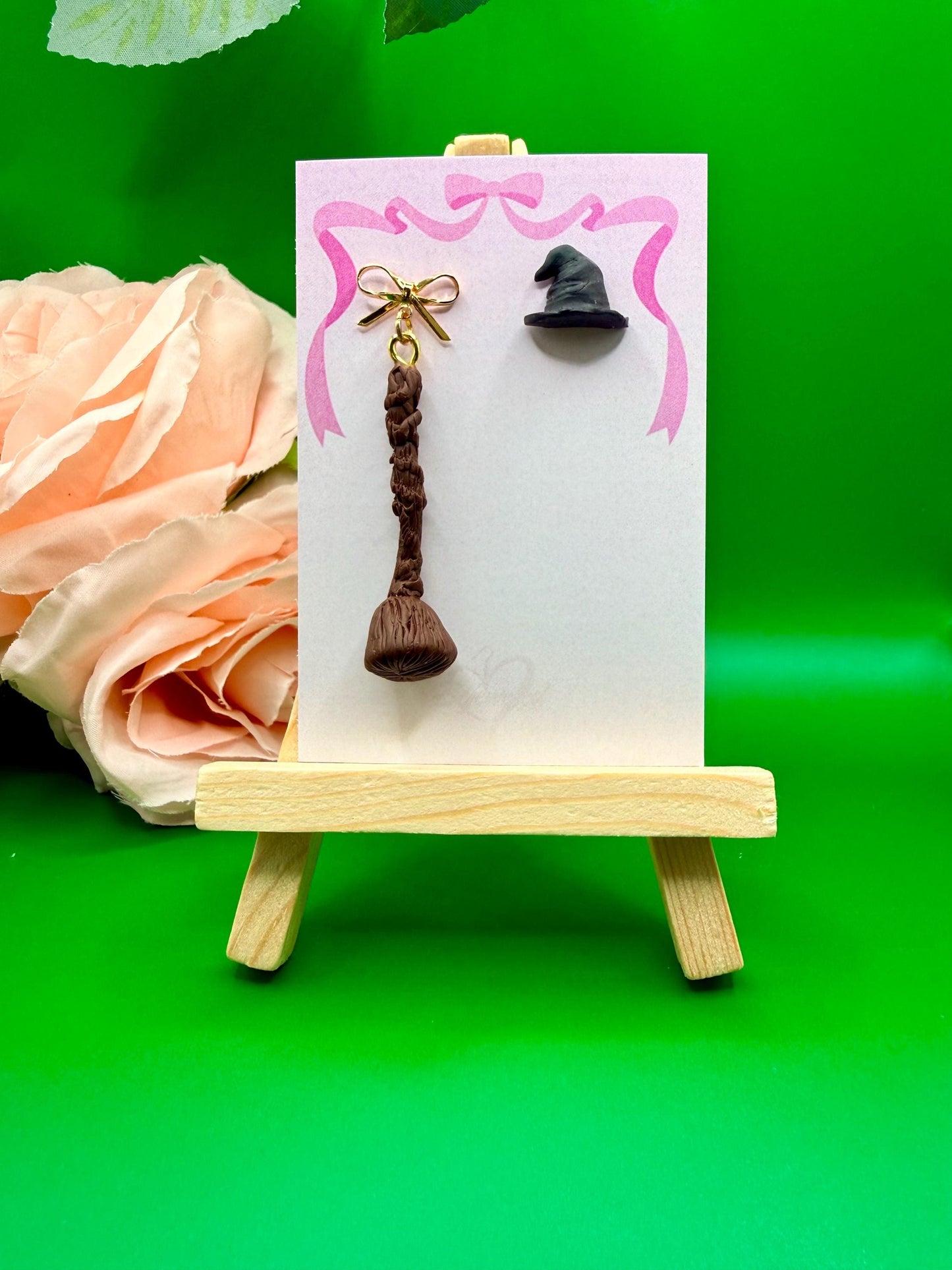 Mismatched Witch Hat and Broom Dangle Earrings