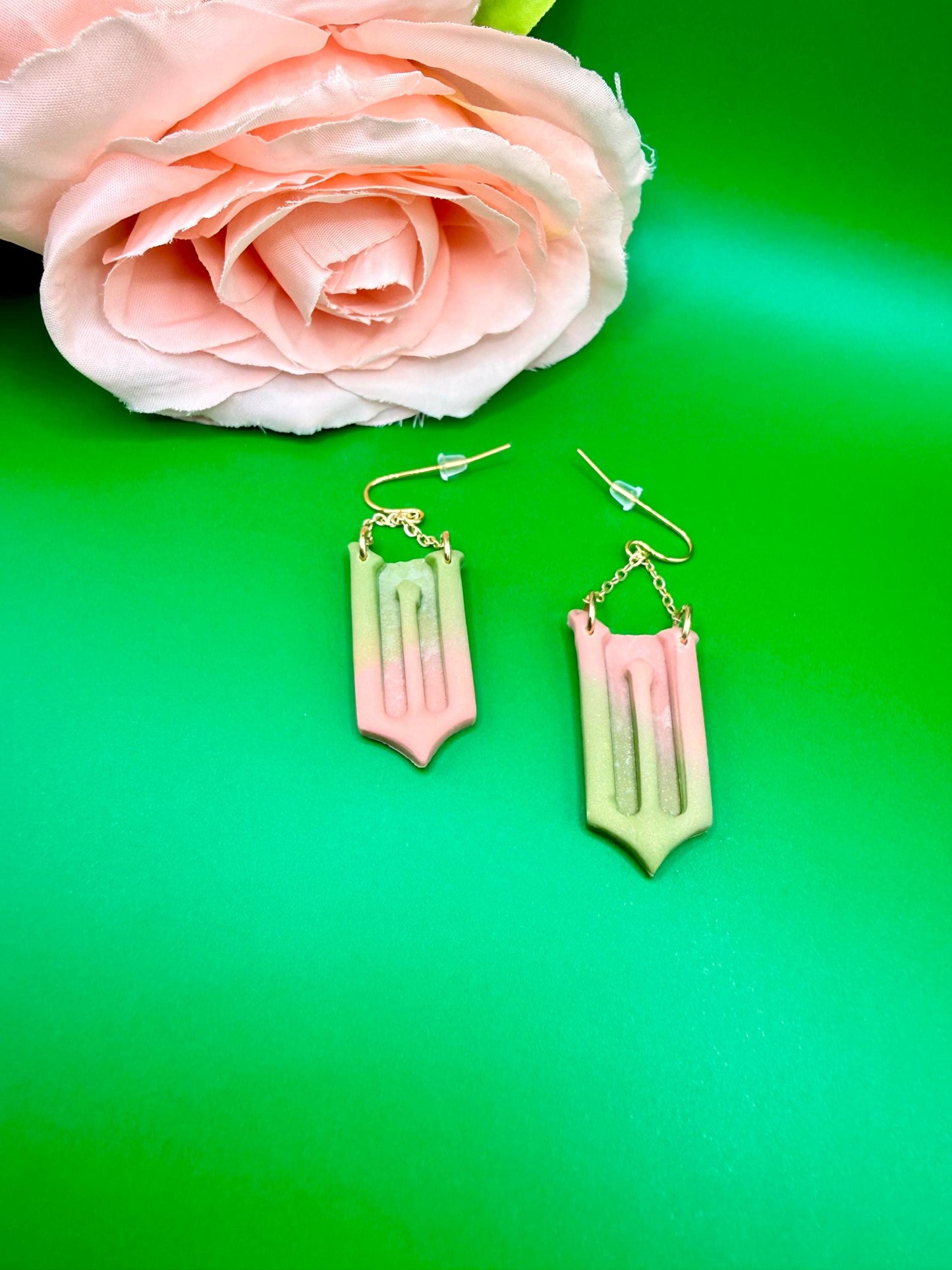 Pink and Green Mismatched W Dangle Earrings