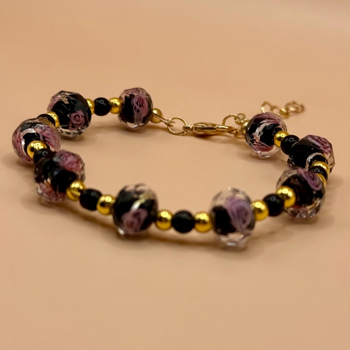 Dyed Beaded Glass Pink Floral Bracelet