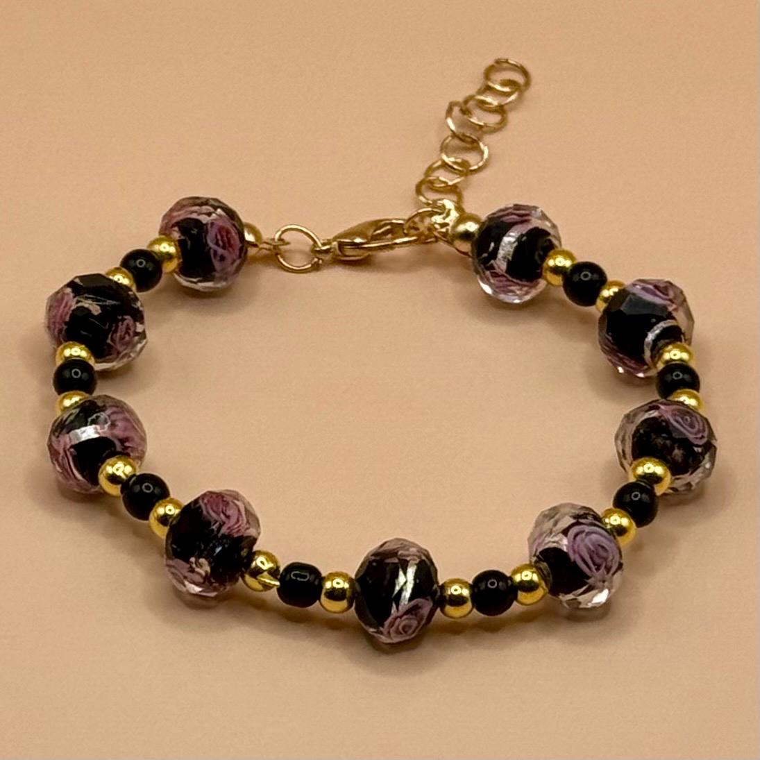 Dyed Beaded Glass Pink Floral Bracelet