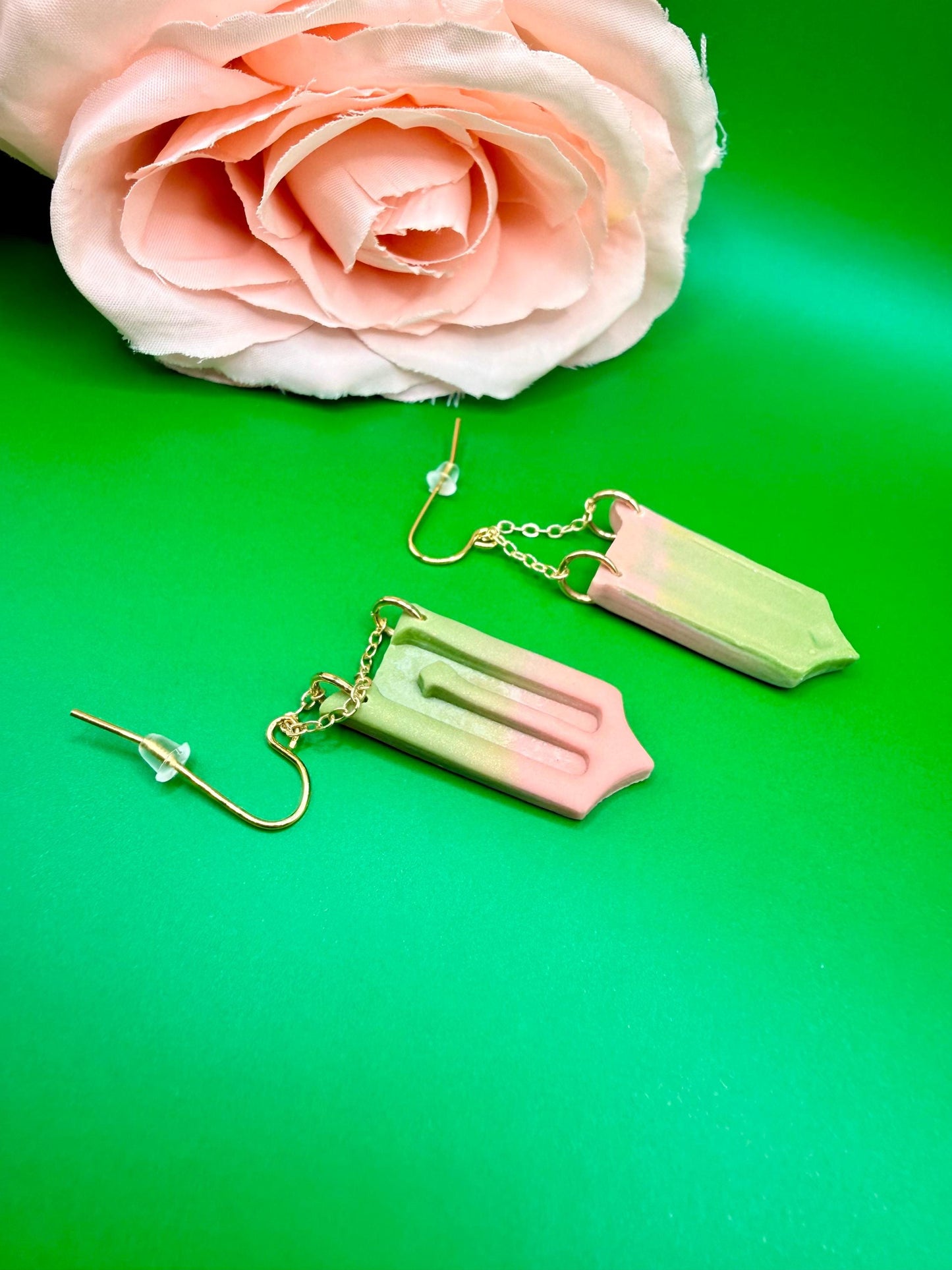 Pink and Green Mismatched W Dangle Earrings