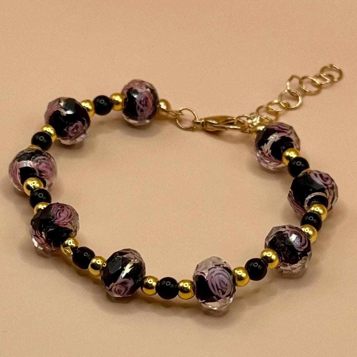 Dyed Beaded Glass Pink Floral Bracelet