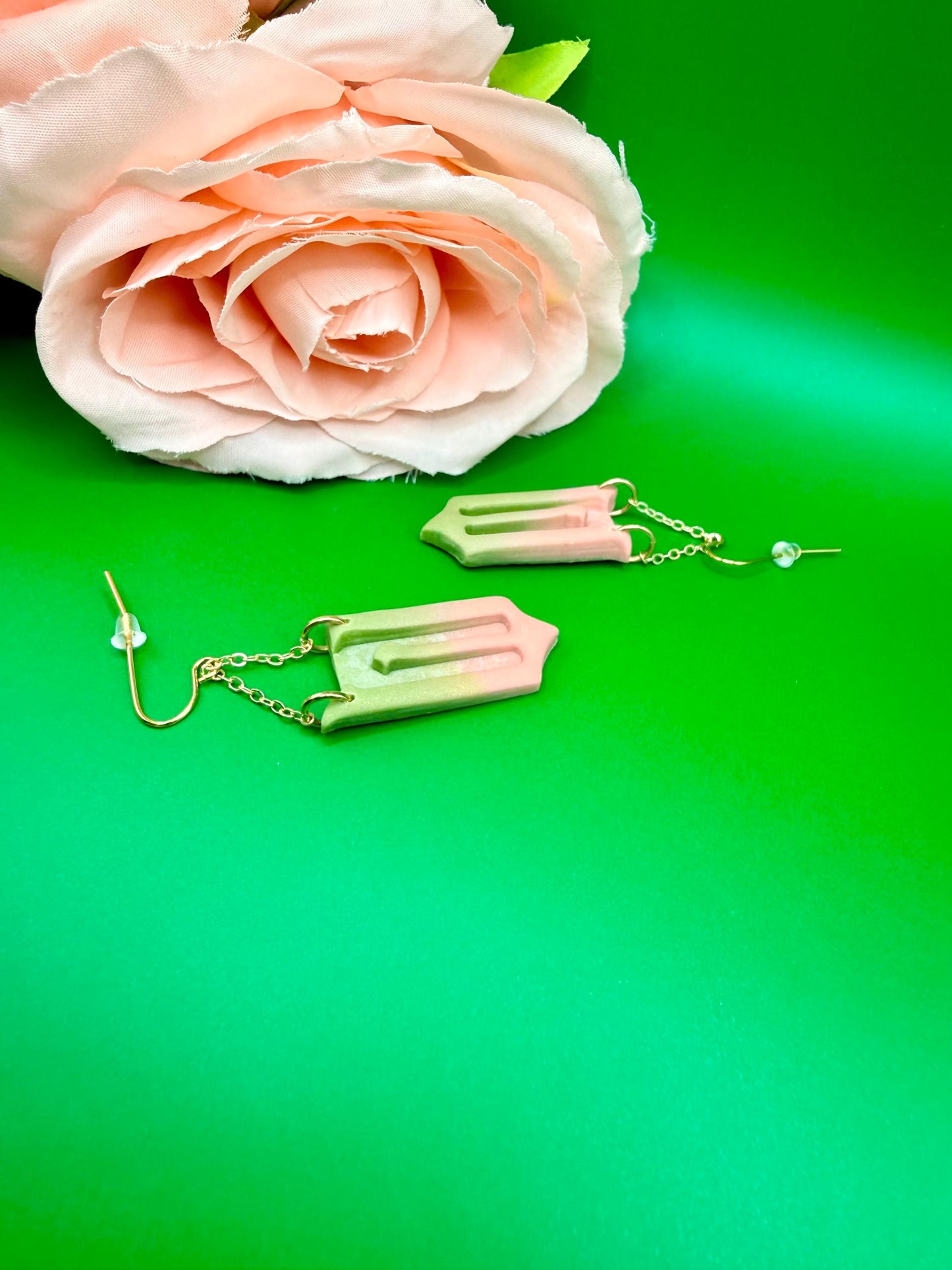 Pink and Green Mismatched W Dangle Earrings